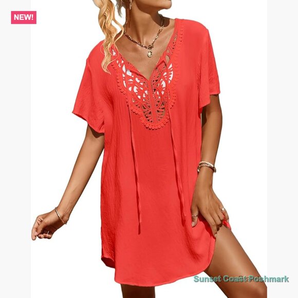 Rayon Swimsuit Coverup Lace Crochet V Neck Beach Dress
